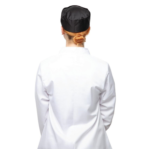 Back view of lady Chef wearing Whites Chef Skull Cap Polycotton Black - M.