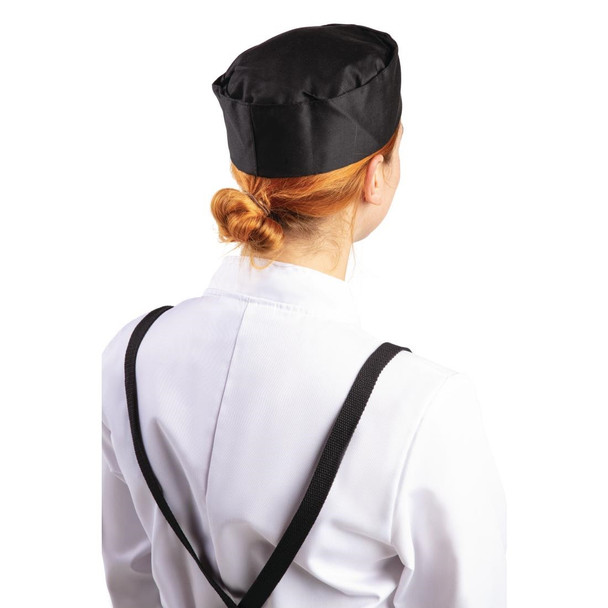 Side view of lady Chef wearing Whites Chef Skull Cap Polycotton Black - S.