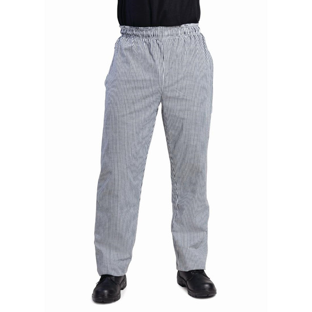 Man wearing Whites Unisex Vegas Chefs Trousers Black and White Check L.