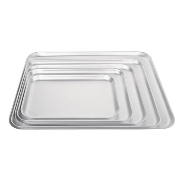 Vogue Aluminium Baking Tray 324 x 222mm stacked together with other sizes of baking pan.