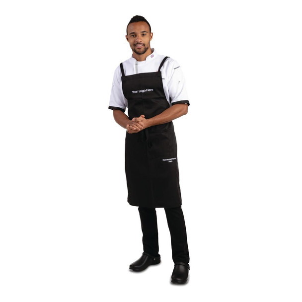 Man wearing Whites Bib Apron Polycotton Black.