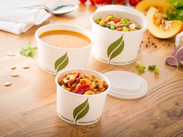 White Compostable Soup Container 12oz with contents