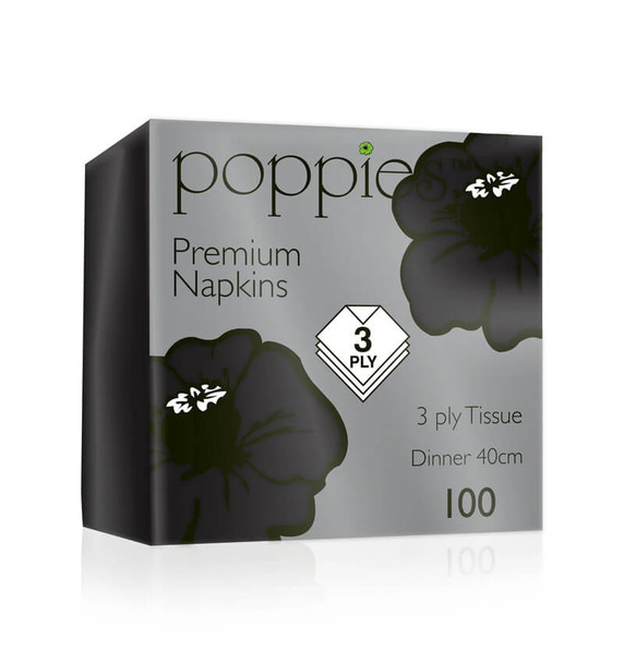 100 Pack 3 Ply Black Paper Napkin 4 Fold 40 x 40 cm