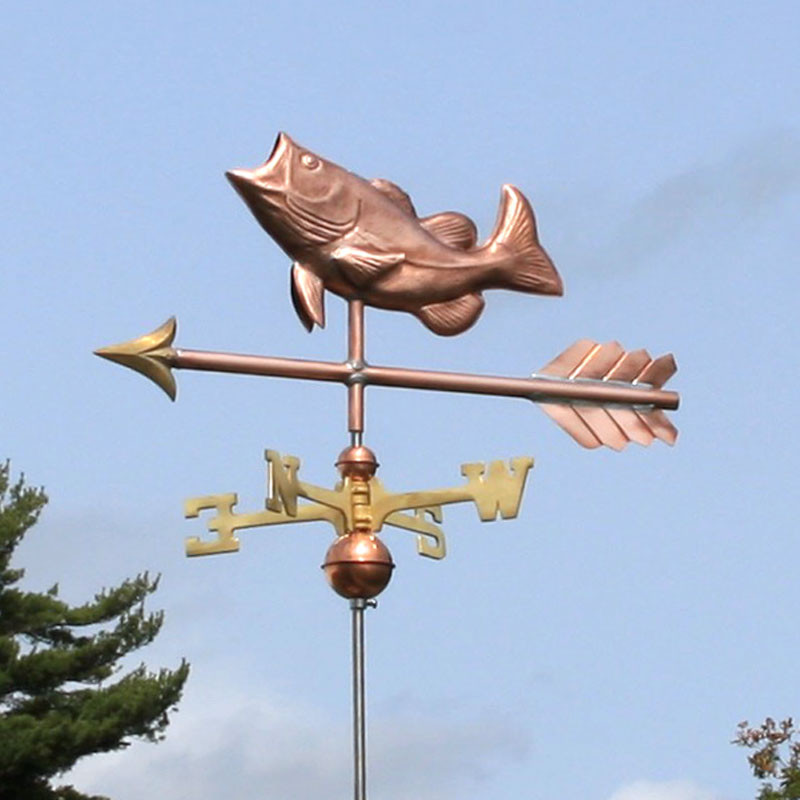 bass with lure weathervane Amazon.com : Good Directions Cottage Weathervane, Includes Roof Mount, Pure Copper, Fish : Patio, Lawn & Garden a beautiful bass taking a bite of a lure now you can adorn the rooftop of your home Bass Weathervane - Handmade in