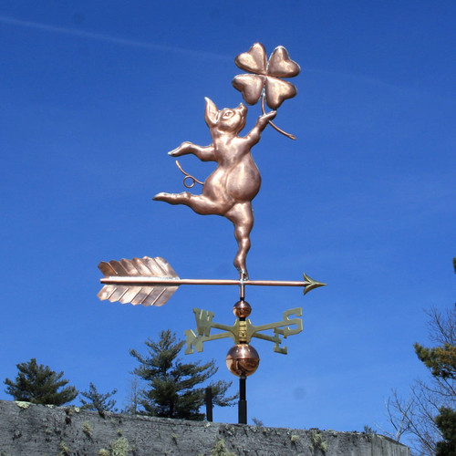 Copper Lucky Pig with Four Leaf Clover Weathervane