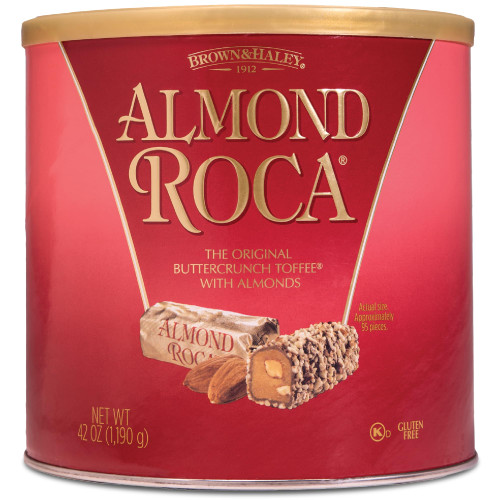 Brown & Haley Almond ROCA The Original Buttercrunch Toffee with Almonds Canister - Individually Wrapped Chocolate for Holiday Gift Basket - Gluten Free Kosher Chocolate Candy for Sharing, 42oz Pack of 1