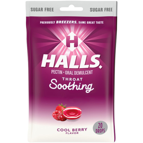 HALLS Throat Soothing (Previously HALLS Breezers) Cool Berry Sugar Free Throat Drops, 20 Drops