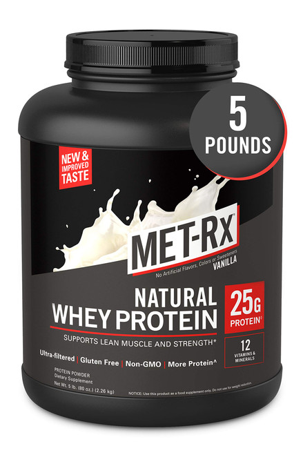 MET-Rx Natural Whey Protein Powder, Vanilla, 5 lb, Easy Mix Protein Powder, 25 g Protein, 5g BCAAs from Ultra Filtered Whey Protein, for Pre/Post Workout, Gluten Free, With Vitamin D and Vitamin C
