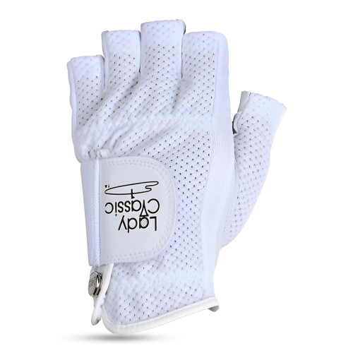 Lady Classic Mesh Half Golf Glove for Women – Premium Cabretta Leather Palm, Breathable Mesh Back, Half-Finger Design Ladies Golf Glove for Enhanced Grip & Comfort – White – Left Hand