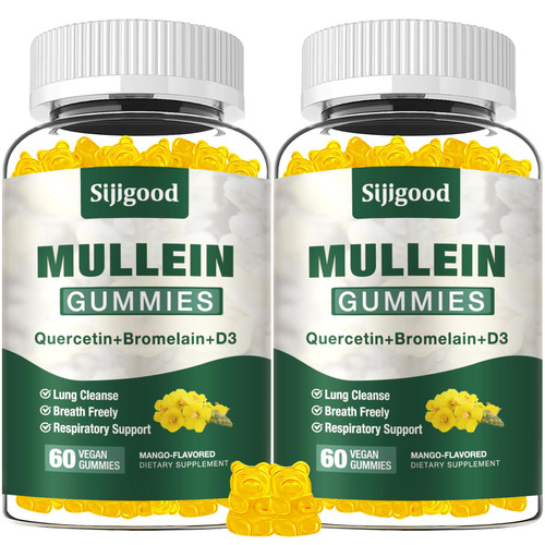 Sijigood 2 Pack Mullein Gummies for Lungs, Mullein Leaf Extract Supplement for Digestive & Respiratory & Immune Support with Bromelain, Quercetin, Mango Flavor, 120 Count