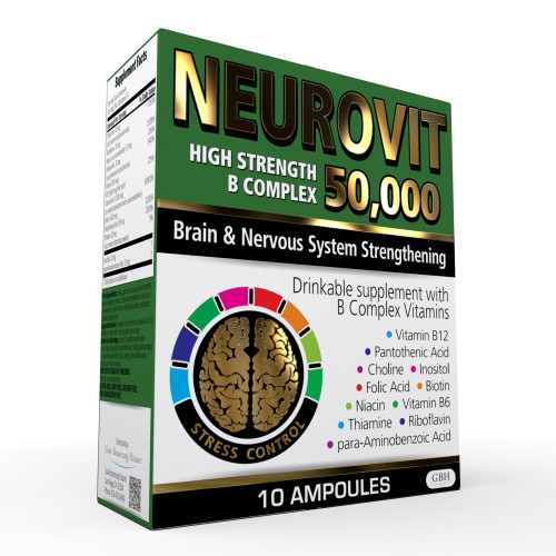 Neurovit 50,000 High Strength Vitamin B Complex Liquid Supplement, Brain & Nervous System Strengthening, 10 Ampoules, 3.4 fl oz (100ml), Rapid Absorption, Non-GMO, Gluten-Free