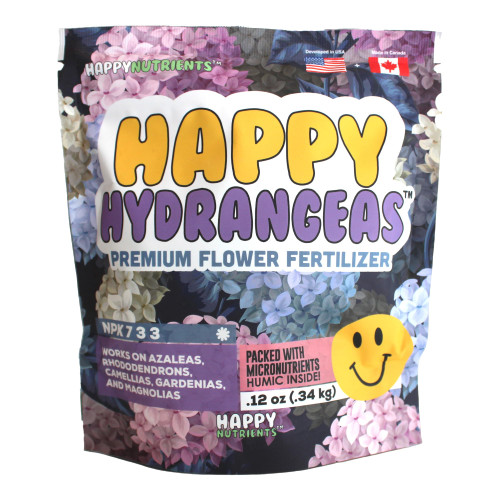 Happy Hydrangeas Fertilizer by Happy Nutrients - Premium 7-3-3 Powder with Micronutrients & Humic - Ideal for Hydrangeas, Azaleas, Rhododendrons, Camellias, Gardenias, and Magnolias - 12 oz