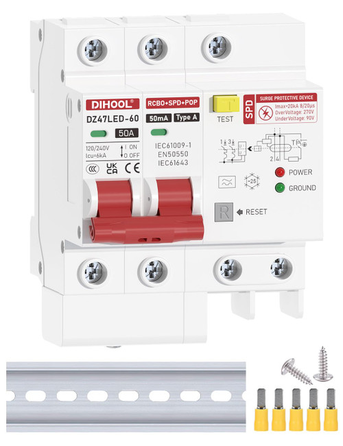 DIHOOL 50 Amp GFCI Breaker for Hot Tub Disconnect, 50A Miniature Circuit Breakers 240V with Panel Surge Protector
