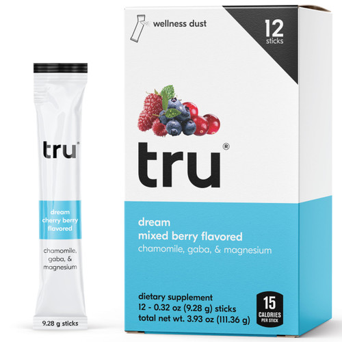 Tru Dream Powder Sleep Supplement, Mixed Berry Flavor with Chamomile, GABA & Magnesium, Nighttime Drink Mix Sweetened with Monk Fruit & Stevia, Vegan, No Melatonin or Caffeine, Sugar Free, 12 Packets