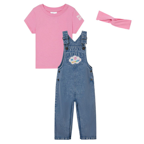 Ms. Rachel Infant Baby Girls Denim Cosplay Overall, T-Shirt and Headband 3 Piece Outfit Set Blue Denim/Pink 18 Months