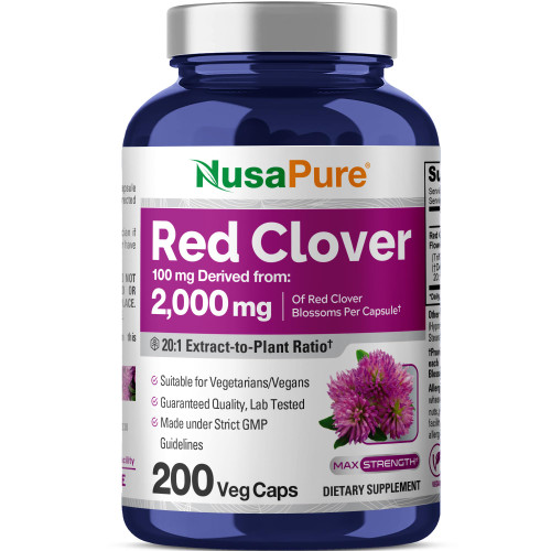 NusaPure Red Clover Blossoms 20:1 Extract, 100 mg Equivalent to 2,000 mg 200 Veg Capsules Trifolium Pratente L. Suitable for Vegetarians/Vegan Non GMO Dietary Supplement