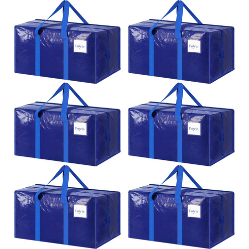 6 Pack Extra Heavy Duty Large Moving Bags with Strong Zipper & Comfortable Handles, Sturdy & Durable Clothes Storage Bags Totes Bins, Packing Moving Boxes for College Supplies, Blue