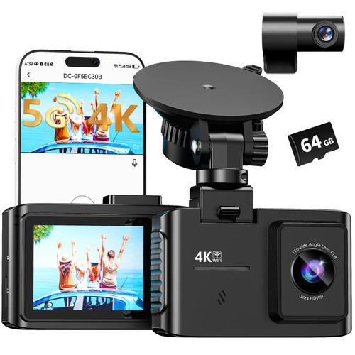 Dash Cam Front and Rear: 4K Dual Channel Dash Cam - 5GHz WiFi, Dash Camera for Cars with 64GB Card, 2" IPS, App Control, G-Sensor, Loop Recording, 170° Wide Angle, Night Vision, 24H Parking Mode
