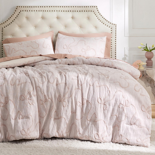 Bedsure Queen Comforter Set, Pink Boho Tufted Bed Set, 3D Puffy Jacquard Bedding Queen Size, 3 Pieces, 1 Farmhouse Shabby Chic Embroidery Comforter with Bow Pattern & 2 Pillow Cases
