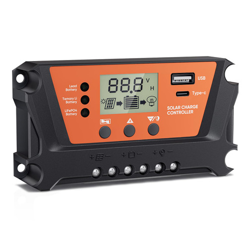 12V 30A Solar Charge Controller Intelligent Regulator with USB and Type-c Port Auto Parameter LCD Display for Lead Battery/Temary LiBattery/LIFePO4Battery