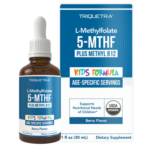 Triquetra Health Organic Kids L-Methylfolate, 5-MTHF + Methyl B12 Cofactor, Superior Form of Folate, Adjustable Dosing for All Ages, Mood, Behavior, Cognition, Organic Berry Flavor, 1 Fl Oz