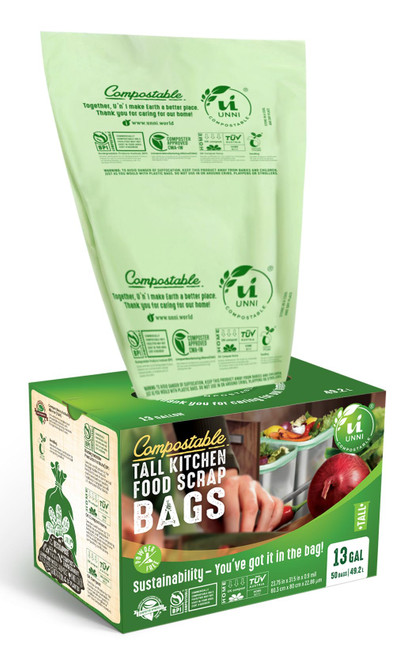 UNNI Compostable Trash Bags, 13 Gallon / 49.2 Liter, 50 Count, Extra Thick 0.9 Mil Tall Kitchen Food Scrap Bin Liners, Certified by BPI, CMA & OK compost HOME, Meets the ASTM D6400 Standard UNNI Compostable Trash Bags, 13 Gallon / 49.2 Liter, 50 Count, Extra Thick 0.9 Mil Tall Kitchen Food Scrap Bin Liners, Certified by BPI, CMA & OK compost HOME, Meets the ASTM D6400 Standard