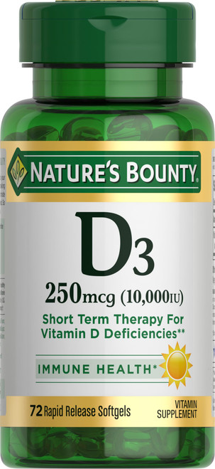 Nature's Bounty Vitamin D for Immune Support, Vitamin D Provides Immune Support and Promotes Healthy Bones, 10000IU, 72 Softgels (Pack of 1)-1766096722