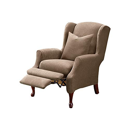 SureFit Home Décor Stretch Pique Recliner Wingback Chair Slipcover, Polyester/Spandex, Machine Washable, Two Piece, Taupe Color