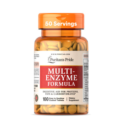 Puritan's Pride Multi-Enzyme Formula, Digestive Aid for Proteins, Fats, and Carbohydrates, Dietary Supplement for Digestion and Healthy Gut Support, 50 Day Supply, 100 Easy to Swallow Coated Tablets-1766100755