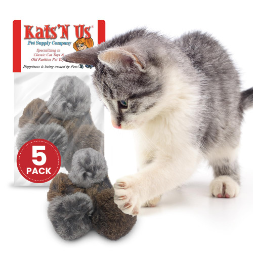 Kats'N Us 2 Inch Real Rabbit Fur Pom Pom Cat Toys – Pack of 5 Soft Gray Furry Balls, Natural Prey-Like Interactive Play, Hunting Instinct Exercise & Training Toys for Indoor Cats
