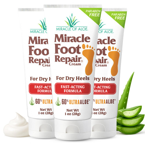 Miracle Foot Repair Cream, (1 oz / 3 Pack) Repairs Dry Cracked Heels and Feet, 60% Pure UltraAloe Moisturizes, Softens, and Repairs