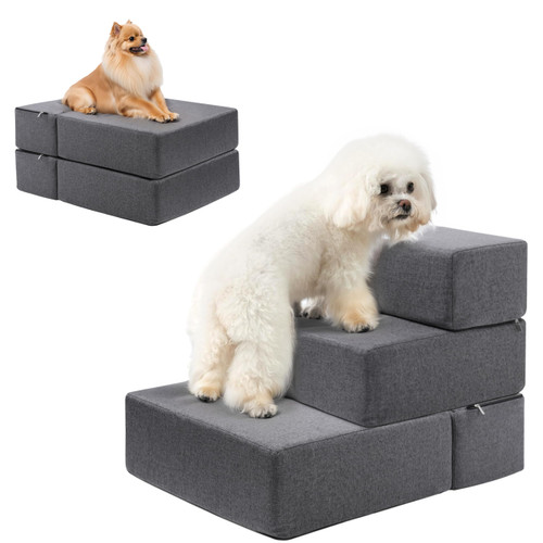 Foldable 18 Inch Wide 3 Step Wide Dog Stairs for Large Dogs, 18 Inch Height Foam Dog Steps for Bed & Couch, Linen Covered Pet Stairs for Dogs to Get on Bed, Outdoor Foam Pet Steps for for Cars & SUV