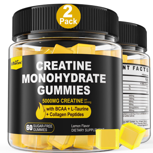 Creatine Monohydrate Gummies for Men & Women - with BCAA, Collagen Peptides, L-Taurine, Vitamin B12, D3, Chewables Creatine Monohydrate 5g Per Serving, Natural Lemon Flavor, Sugar Free, 2 Pack