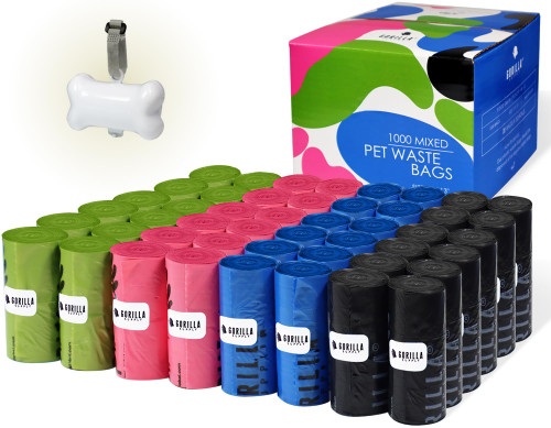 GORILLA SUPPLY 1000 multicolor poop bags for dogs with Dispenser and Leash Tie, 9" x 13", Mixed