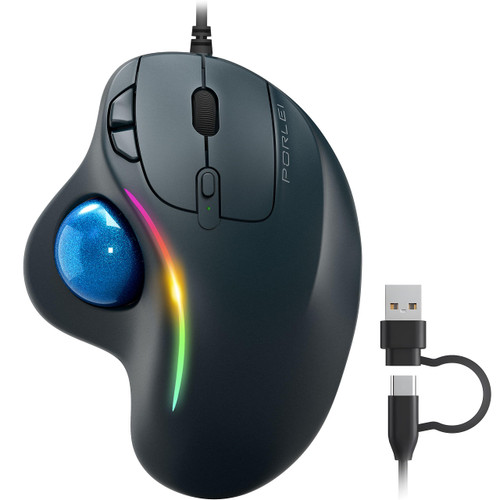 PORLEI Wired Trackball Mouse with RGB Lighting, Ergonomic Thumb Control to Reduce Muscle Strain, 5 Adjustable DPI, Dual USB-C & USB-A Connectivity, Compatible with PC, Laptop, Mac, Windows-Blue