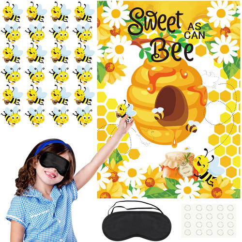 Pin The Bee on The Hive Party Game - Honeycomb Poster Stickers With Blindfold for Kids Spring Classroom Activity, Bee Day Theme Birthday Party Supplies