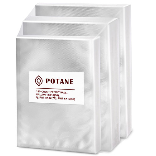 Potane Vacuum Sealer Bags, Precut 150 Gallon 11x16, Quart 8x12, Pint 6x10, Smell-Proof, Puncture Prevention and Heavy duty. Commercial Grade