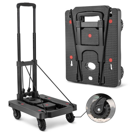 Lightweight Folding Hand Truck - 150lb Dolly Cart with Aluminum Adjustable Handle of 3 Levels, Portable Luggage Cart with 2 Elastic Straps for Traveling, Offices, Moving (15.8" x 12.6")