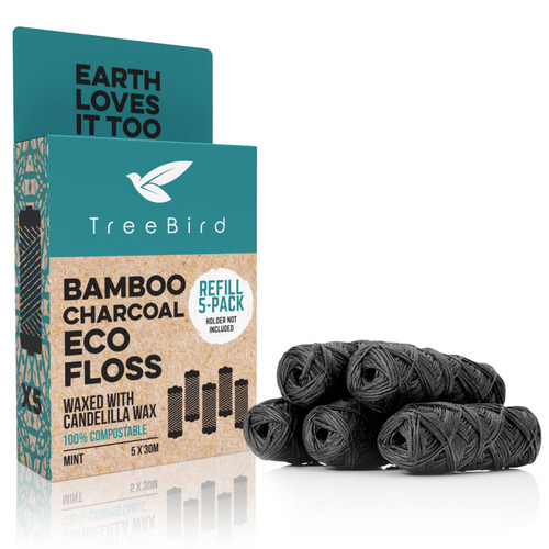 TreeBird Bamboo Charcoal Dental Floss Refills | Pack of 5 (33 Yard Spools) | Mint Flavor, Candelilla Waxed | Refill Pack for Floss Holder | Kraft Paper Box