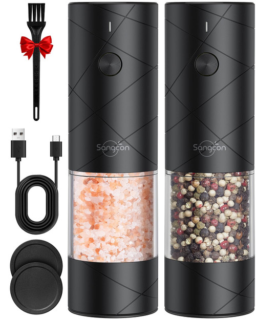 Sangcon Electric Salt And Pepper Grinder Set Rechargeable Shakers - No Battery Needed Automatic Pepper Mill -Adjustable Coarseness Light Weight Easy to Use Refillable - Salt Grinder Gift for Kitchen
