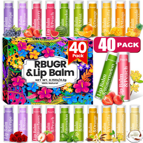 RBUGR 40 Pack of Lip Balm, 12 Flavored Lip Balm in Bulk Natural Lip Balms Set, Beeswax Moisturising & Soothing Lip Balms Bulk Gifts for Women Stocking Stuffers Party Favors(4.2g/0.15oz)