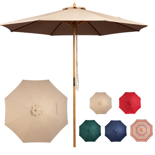 CASUNER 9FT Bamboo Umbrella, Outdoor Patio Umbrella, Waterproof Market Umbrella, 8 Ribs Table Umbrella with Pulley Lift for Garden, Deck, Pool, lawn, Backyard (TAUPE)
