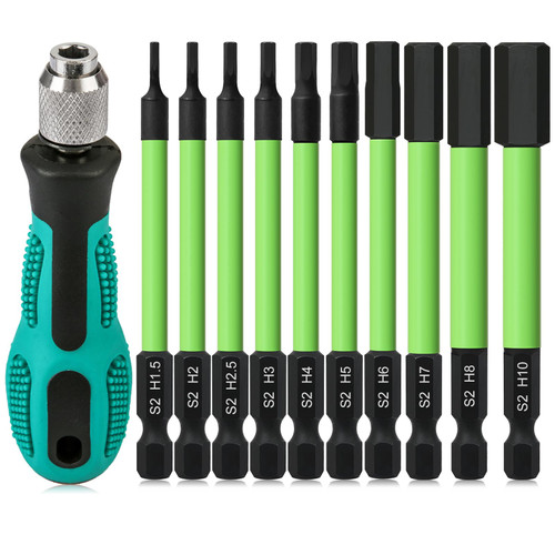 TLEEP 3.5" Long 1/4" Hex Head Allen Wrench Drill Bits + Quick Change Bit Driver, Metric 1.5MM to 10MM Impact Driver Bit Set, Magnetic Tips Magnetic Screwdriver Bits Hex Drill Bit Set, S2 Steel