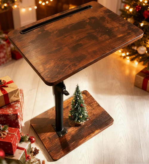 YUHFERA Sofa Armrest Tray Table for Couch - 360° Swivel Height Adjustable End for Small Spaces, Snack Side Table for Bed or Chair with Phone & Tablet Slot (Rustic,Standard)