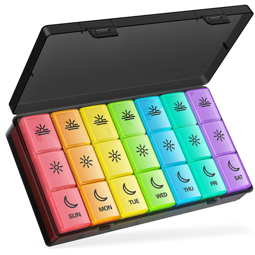 BUG HULL Pill Organizer 3 Times a Day, Large Weekly Medicine Pill Organizer 3X a Day, 7 Day Pill Box Cases Morning Noon Evening for Vitamin, Cod-Liver Oil, Supplements (Rainbow Black)