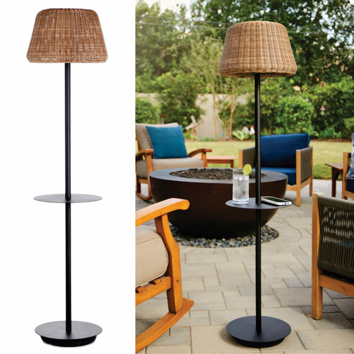 B&R Lighting Solar Outdoor Floor Lamp with Table - Cordless Outdoor Floor Lamp - Patio, Porch, Garden - Rattan Wicker Lights for Outside - Waterproof, Rechargeable, Weatherproof