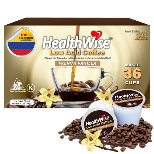 Healthwise Low Acid Coffee K-Cups French Vanilla 100% Colombian K-Cups - Medium Roast, For Sensitive Stomachs - 36 Count (Pack of 3)
