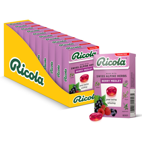 Ricola Box Sugar Free Berry Medley Travel Sized Voice Refreshment, 18 Drops Per Box (Pack of 10)