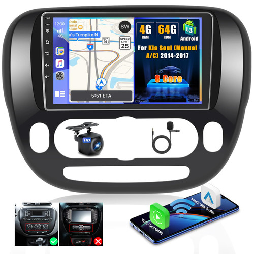 Inefala [8 Core 4G+64G] Android 15 Car Stereo for Kia Soul 2014-2017 with Wireless Carplay Android Auto, 9 Inch HD Touchscreen Car Radio with GPS WiFi Bluetooth FM/RDS DSP SWC Backup Camera MIC