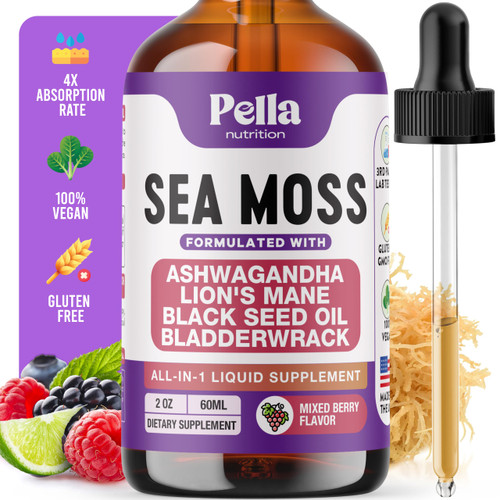 Sea Moss and Ashwagandha Liquid Supplement - Infused with Lion's Mane, Black Seed Oil, and Bladderwrack - Vegan, Easy-to-Mix Formula - Supports Antioxidant Activity & Immune Health (Mixed Berry, 60mL)